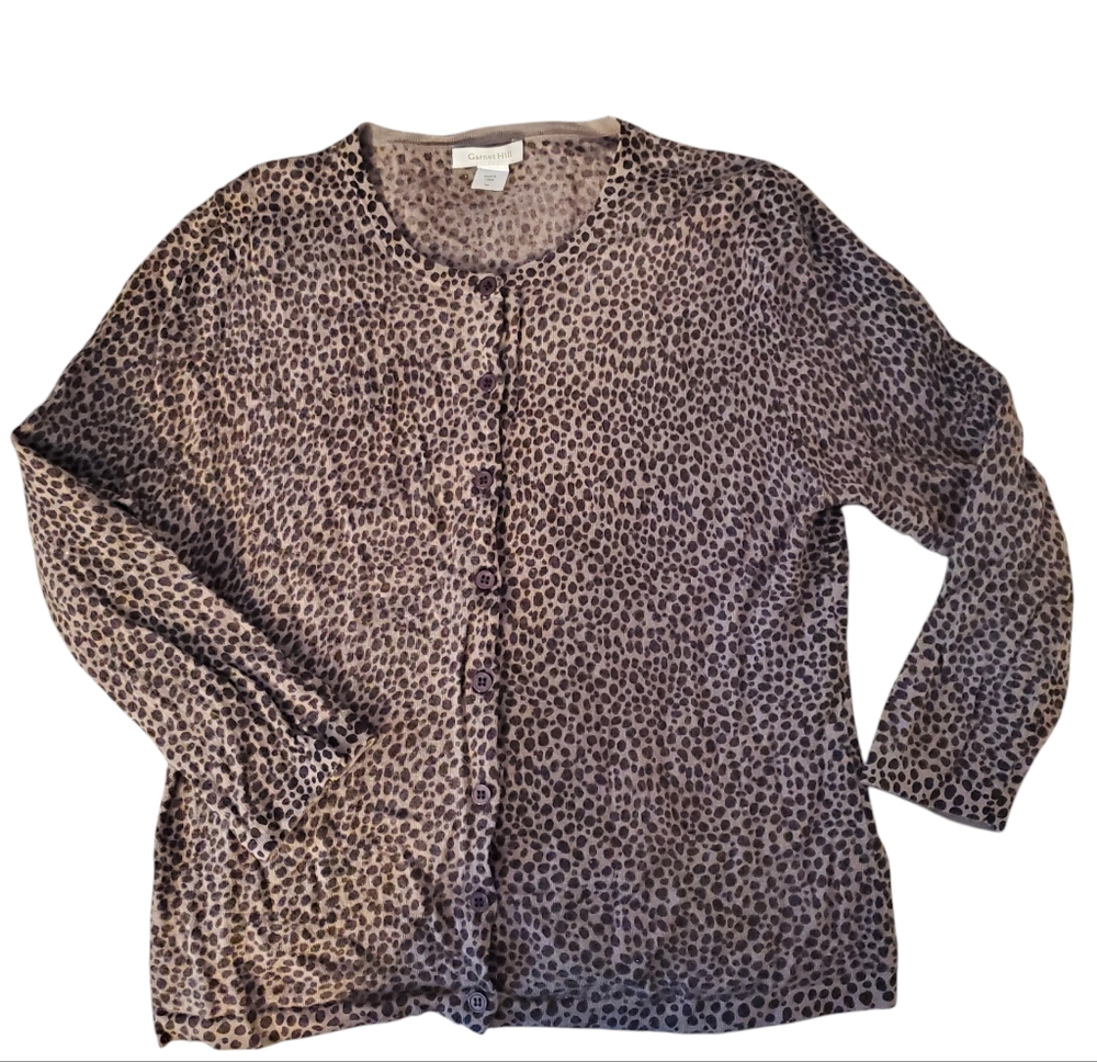 EUC Garnet Hill 100% Merino Wool Leopard 3/4 Sleeve Cardigan Medium